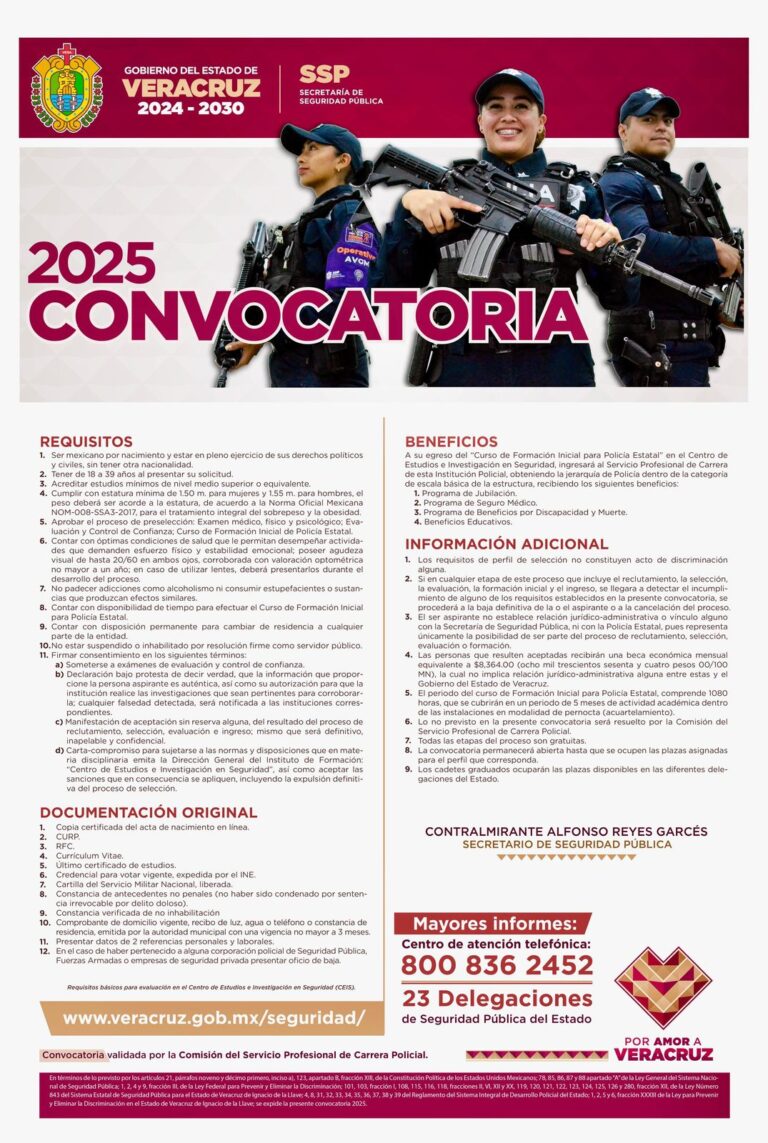 Seguridad y estabilidad laboral: convocatoria abierta para la Policía Estatal de Veracruz