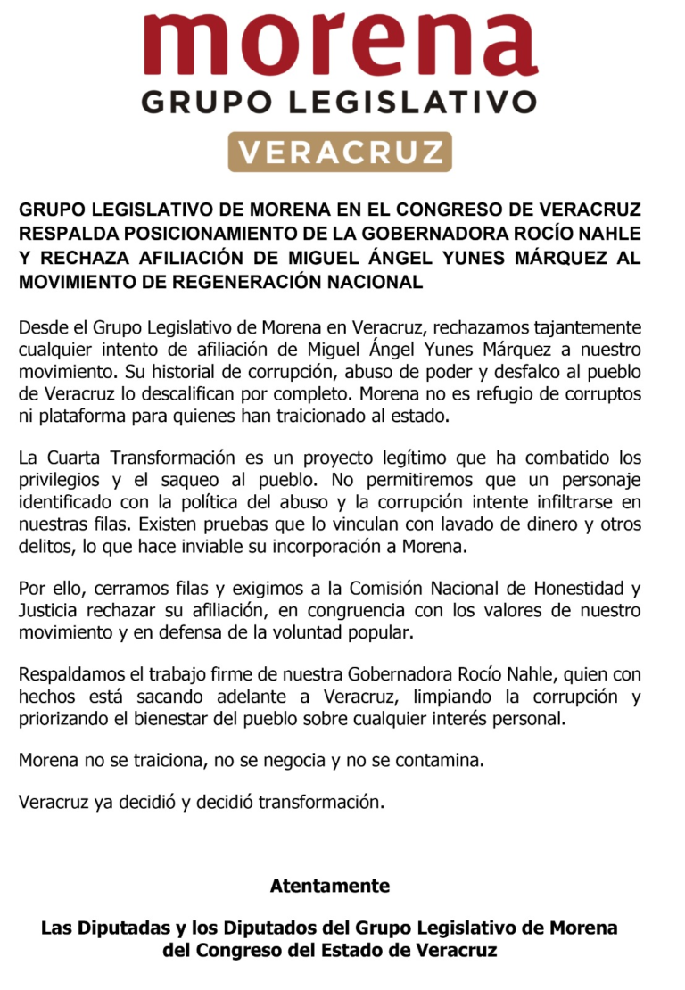 ¡No a la afiliación de Miguel Ángel Yunes Márquez!; rechaza Grupo Legislativo de Morena en Veracruz